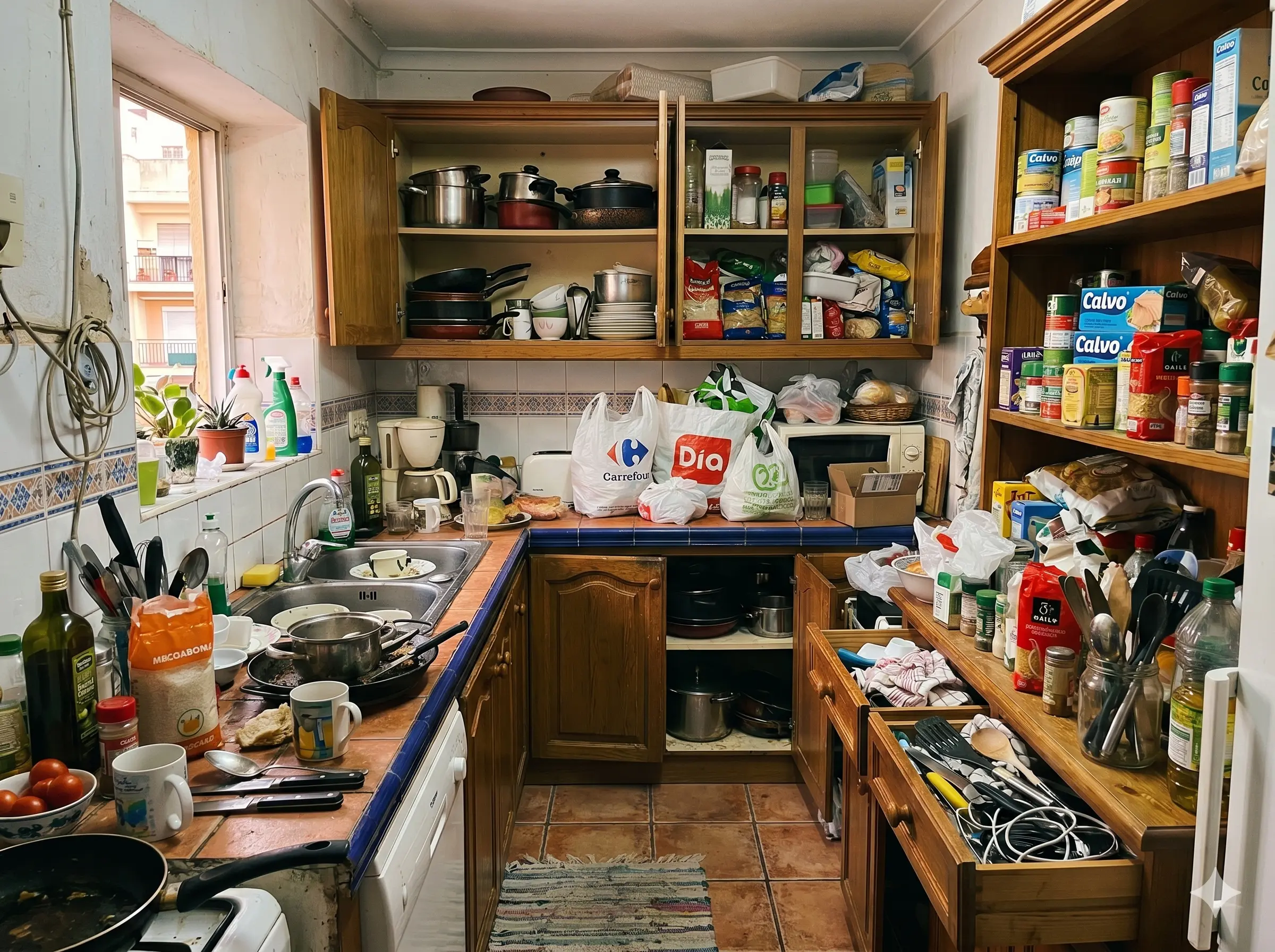 Cocina desordenada antes de la intervención de Eva Bernabéu